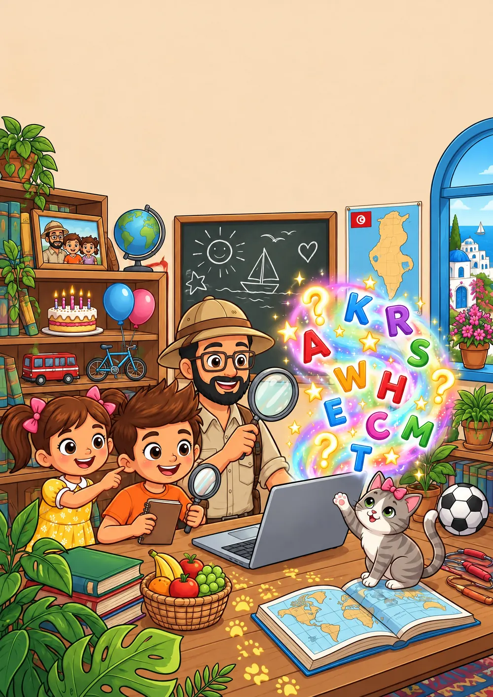 Yahia, Fatma, their dad Taha and Lulu the cat hunting for English words with magnifying glasses